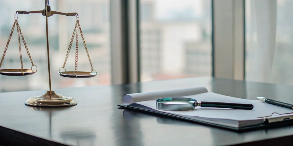 A legal review of an MCA loan contract with scales of justice on a desk.