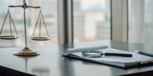 A legal review of an MCA loan contract with scales of justice on a desk.