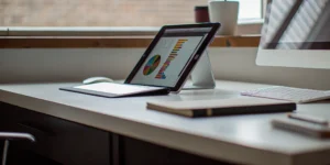 Calculating an MCA loan interest rate and APR on a tablet with charts.