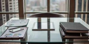 MCA consolidation documents and a tablet on a modern glass office desk.