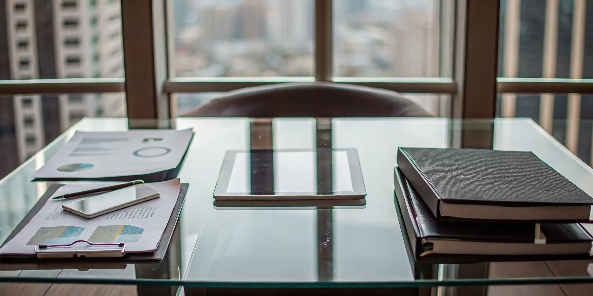 MCA consolidation documents and a tablet on a modern glass office desk.