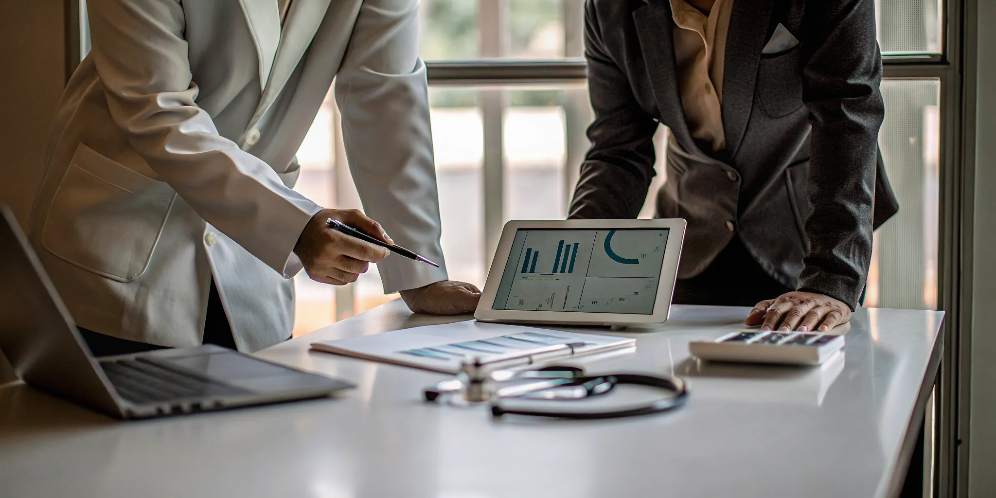 Healthcare professionals discussing MCA information on a tablet in a medical office.