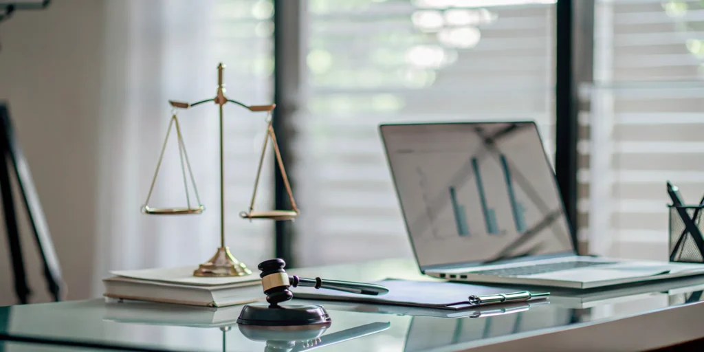 Scales of justice, a gavel, and a laptop on a desk to determine if National Debt Relief is legit.