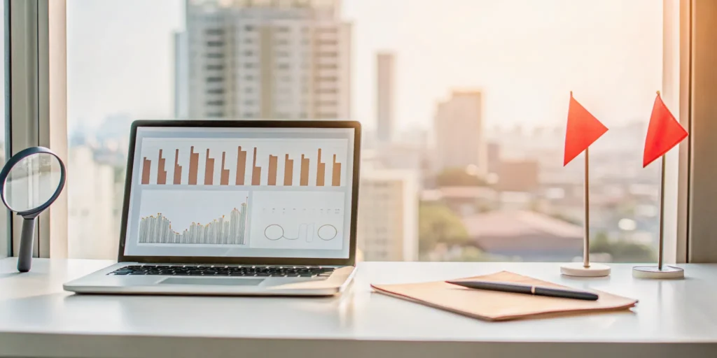 Spotting red flags in MCA debt relief reviews on a laptop with financial charts.
