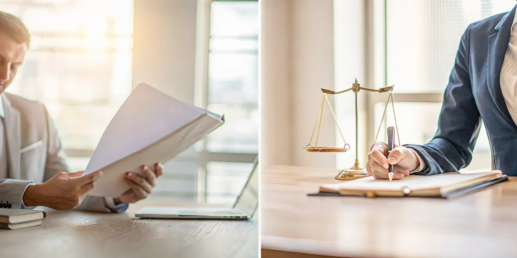 An attorney reviews MCA debt settlement options with legal documents and scales of justice.