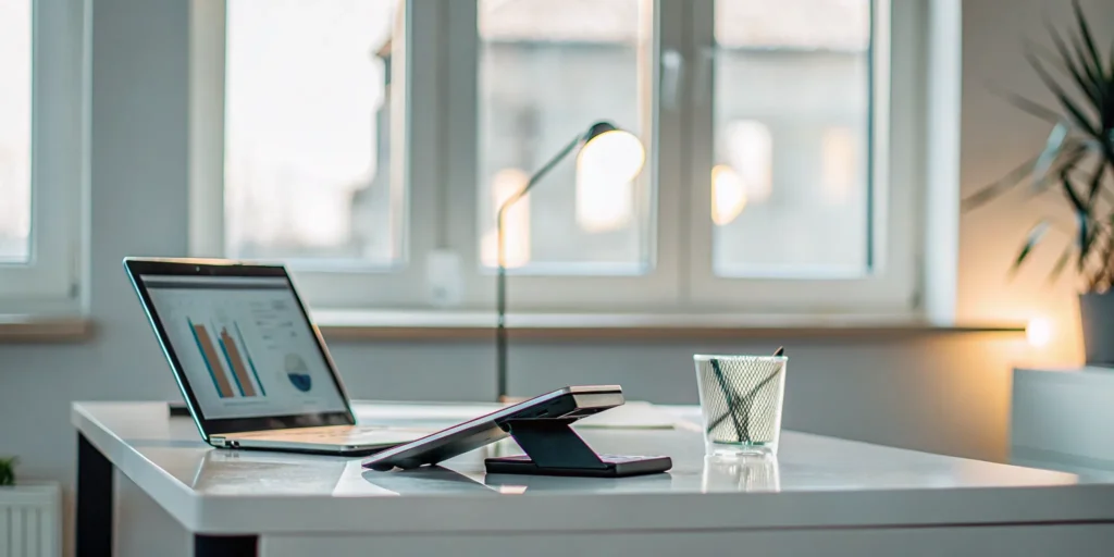 Laptop on a desk showing financial charts for a startup's merchant cash advance.