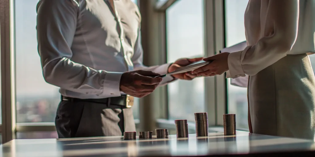 Two professionals review documents and coin stacks while discussing debt relief programs.