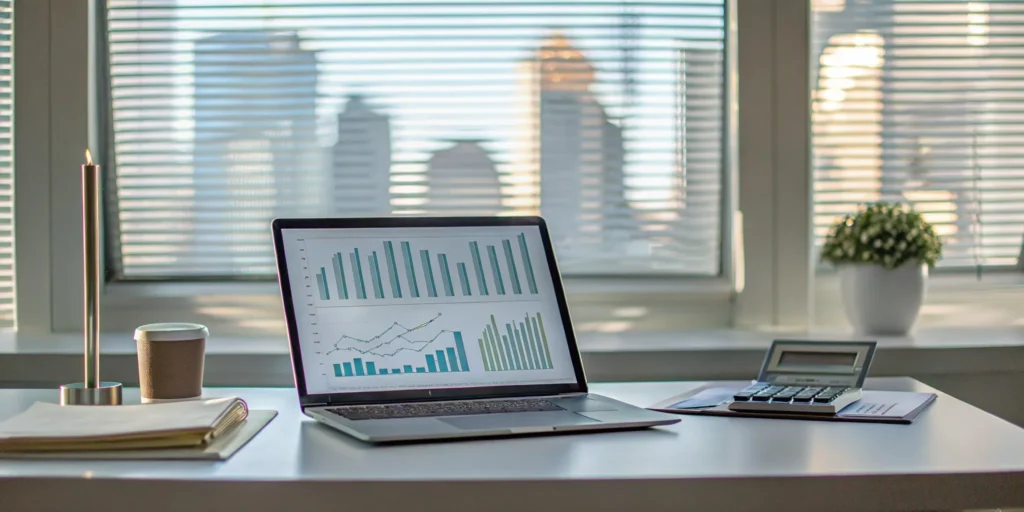 A laptop with financial charts and a calculator used to analyze a business's debt service.