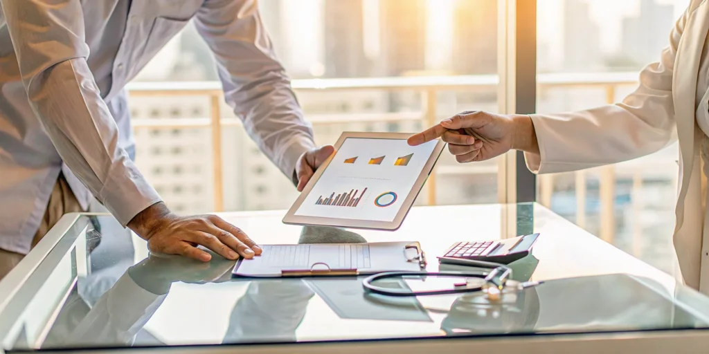 Professionals review medical financial charts on a tablet to discuss what an MCA is for business owners.
